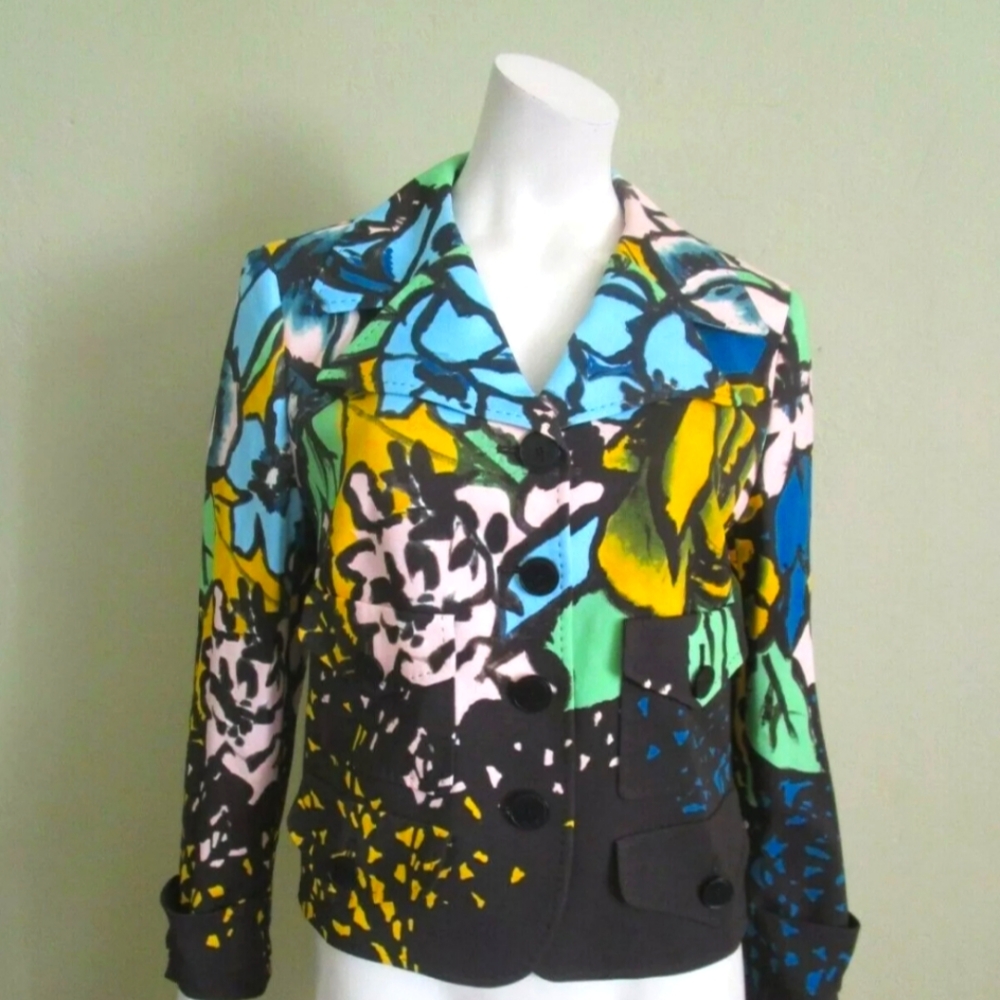 Designer Escada Black Yellow and Blue Artistic Blazer EUC Sz 4 Single Breasted